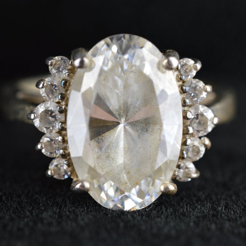 VTG Diamonique 925 Sterling Silver Oval Sunburst Halo Ring DQ CZ Korea Size 7.75